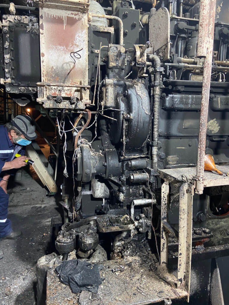 Inspection of fire damage on Yanmar 6eY26L auxiliary engine