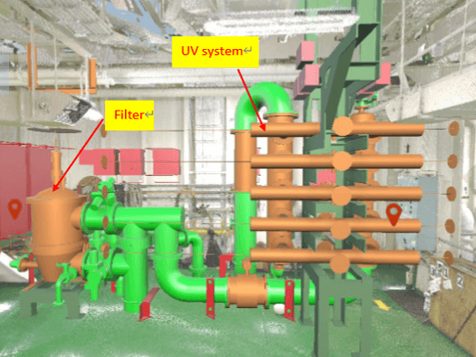 3D Model of Optimarin system overlaid on 3D scan by Goltens