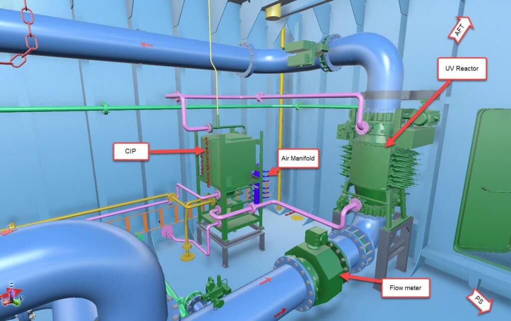 3D design of deckhouse showing aft view of Alfa Laval BWT system