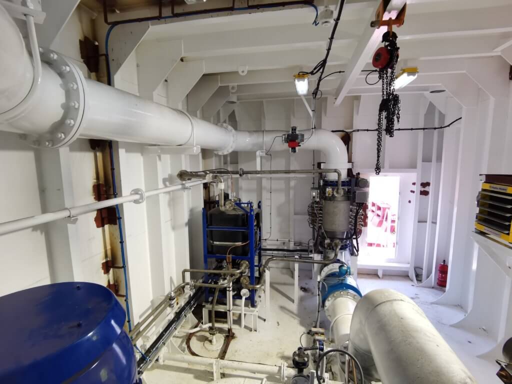 Interior of deckhouse showing aft view of Alfa Laval BWT system installed