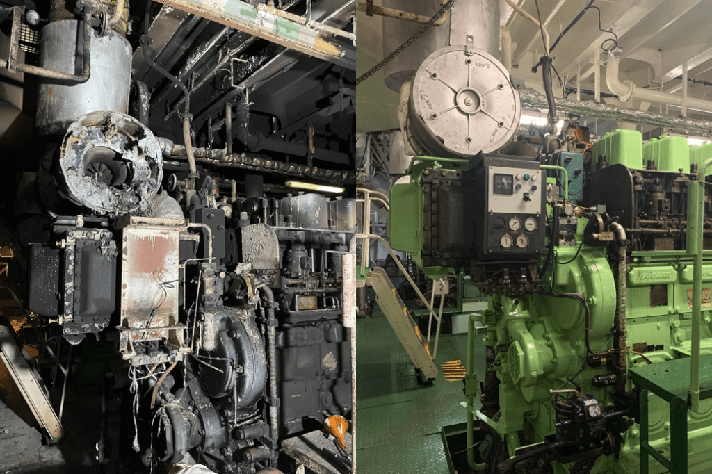 Yanmar 6EY26L engine before repair and after repair by Goltens