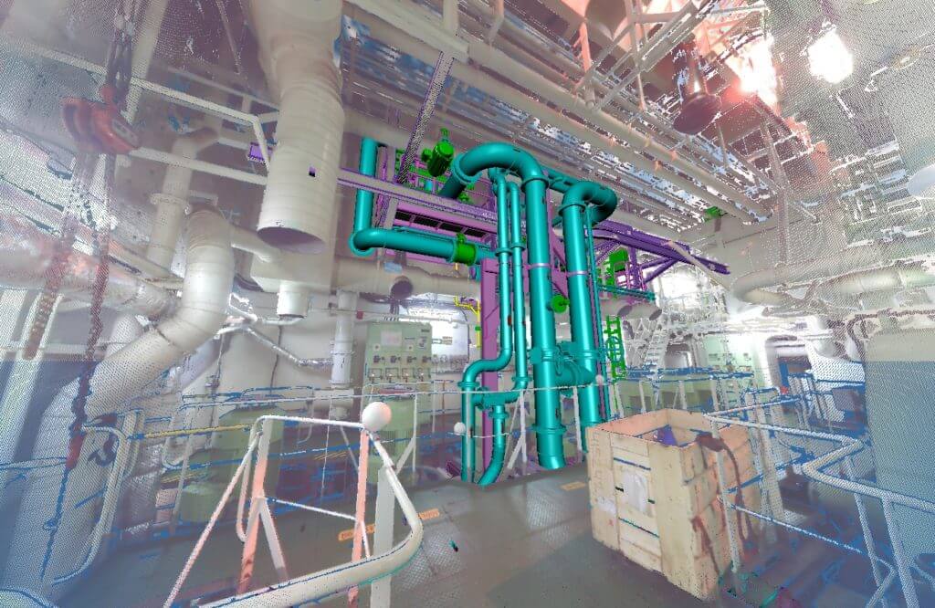 3D system model of Bio UV ballast water treatment system overlaid on engine room scan data