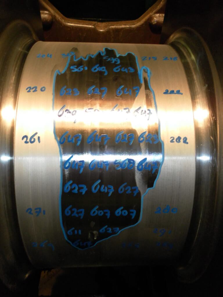 Hardness area mapped again after initial crankshaft machining by Goltens