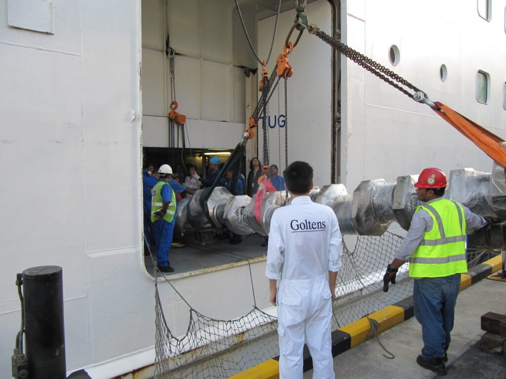 Rigging of replacement crankshaft onboard during port call in Singapore