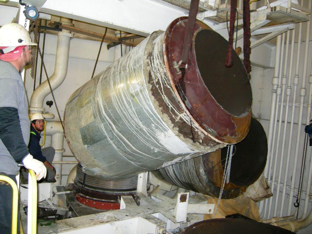 Removal of existing exhaust gas silencer sections before exhaust scrubber installation - Goltens
