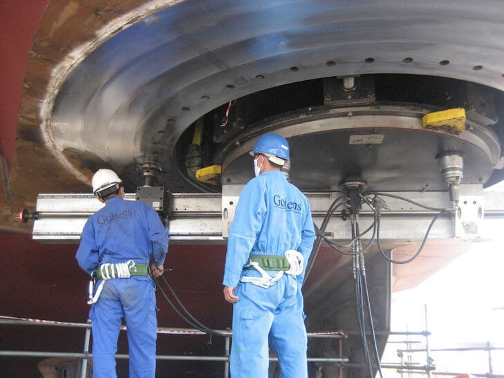Goltens in-place machinists conducting large diameter inverted flange facing
