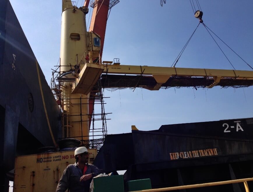 Deck crane installed onboard the bulk carrier