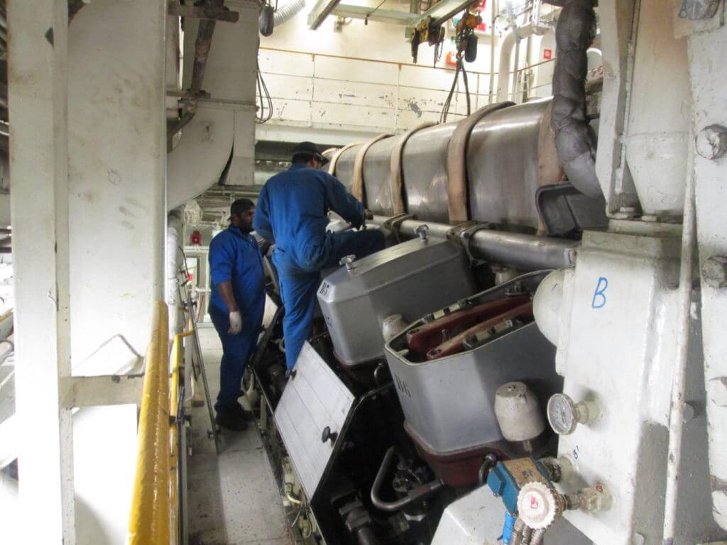 Inspection of Wartsila 12V46B engine during run in checks