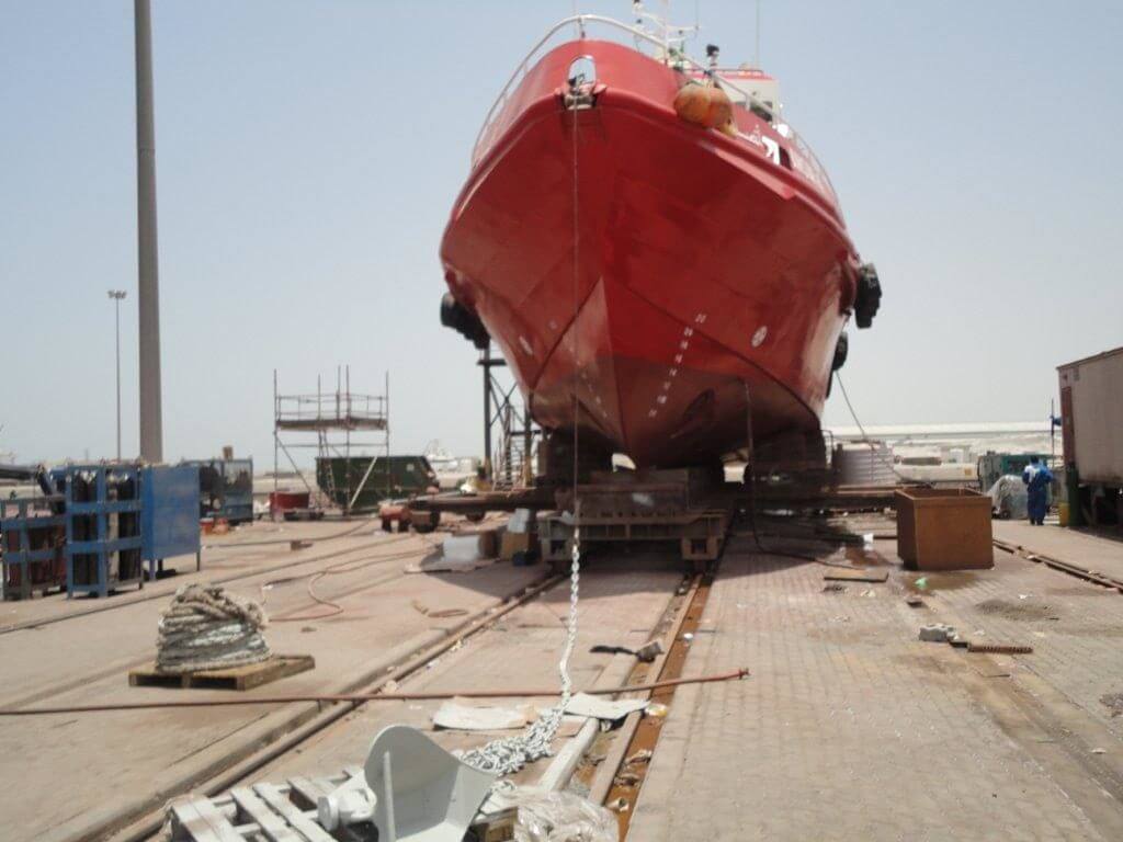 Bow view of ANSAR 4 being drydocked by Goltens