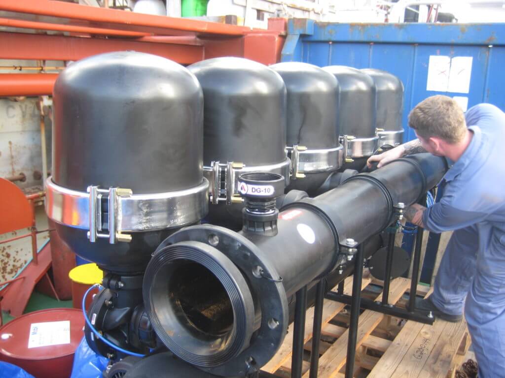 Goltens preparing Hyde Filter Units for installation during BWT retrofit