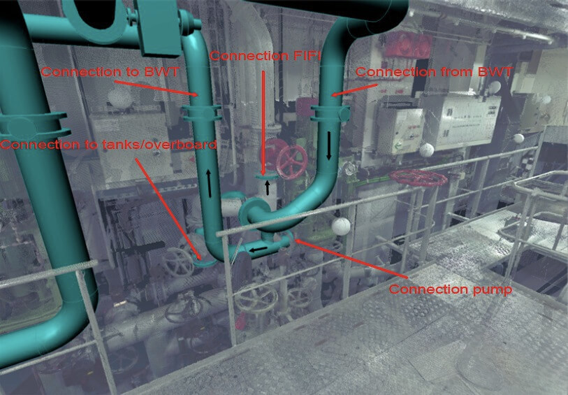 Overlay showing connections to existing systems in BWT retrofit by Goltens
