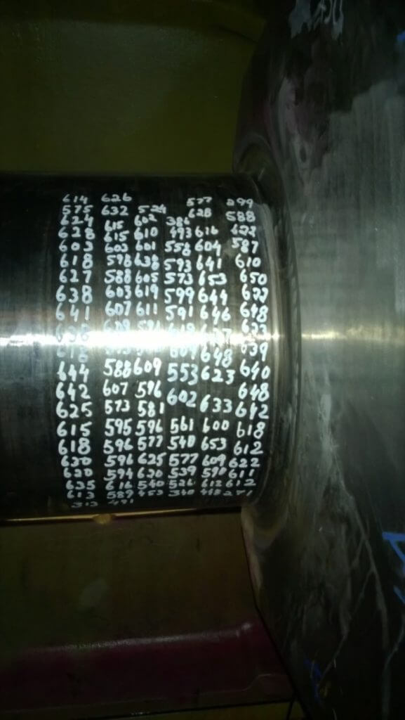 Hardness mapping showing magnitude and range of hardness before annealing Wartsila 18V50DF crankshaft