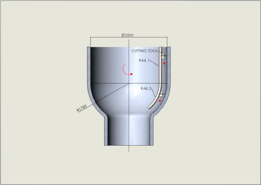 Rough diagram of turbine outlet and cutter for Goltens In-Place Machining